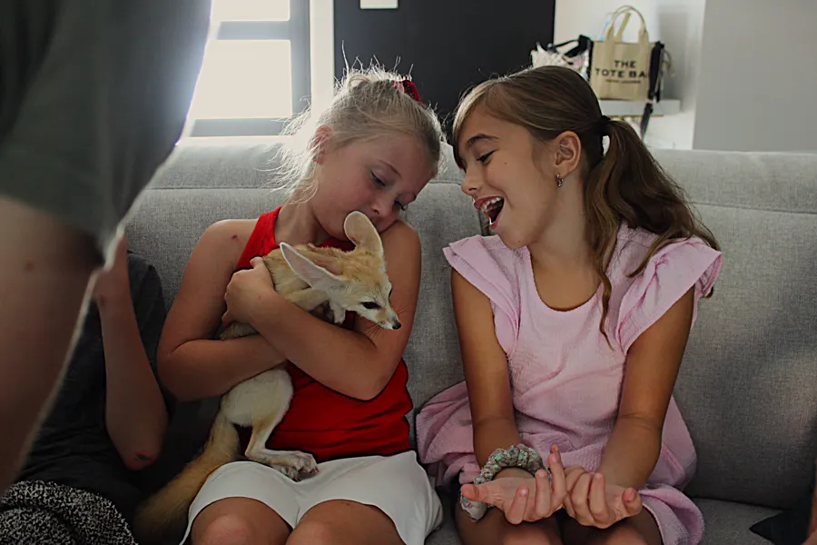 Children smiling with a fennec fox on a couch